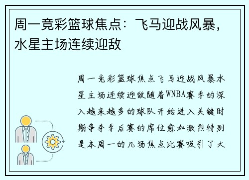 周一竞彩篮球焦点：飞马迎战风暴，水星主场连续迎敌