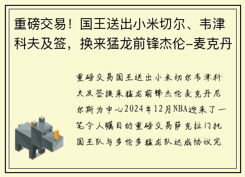 重磅交易！国王送出小米切尔、韦津科夫及签，换来猛龙前锋杰伦-麦克丹尼尔斯