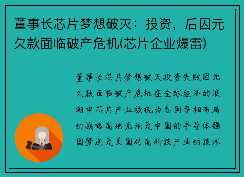 董事长芯片梦想破灭：投资，后因元欠款面临破产危机(芯片企业爆雷)